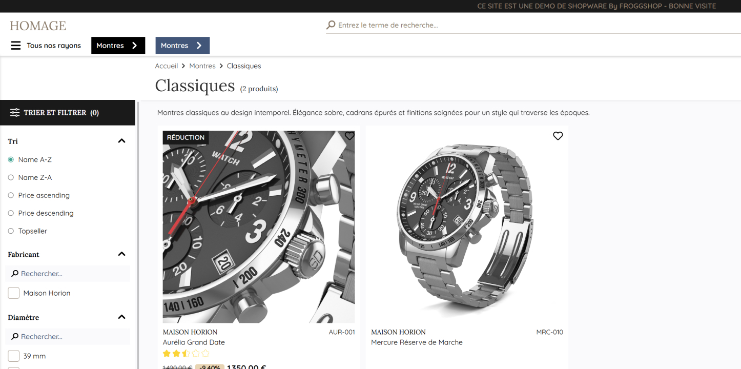 Listing de notre démo Froggshop